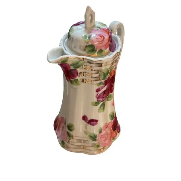 Vintage Hand Painted coffee tea pot & lid white porcelain pink & red roses